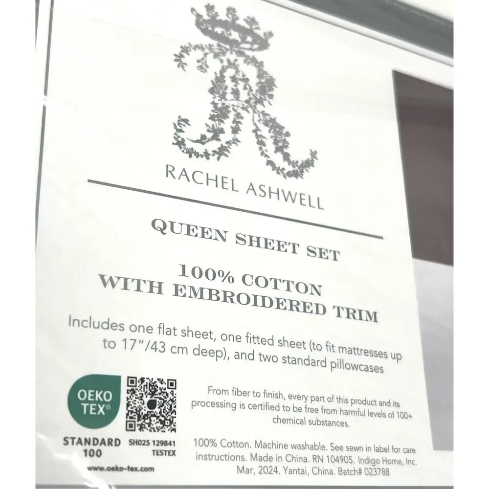Rachel Ashwell Embroidered Eyelet Hem QUEEN Sheet Set White All Cotton NIP